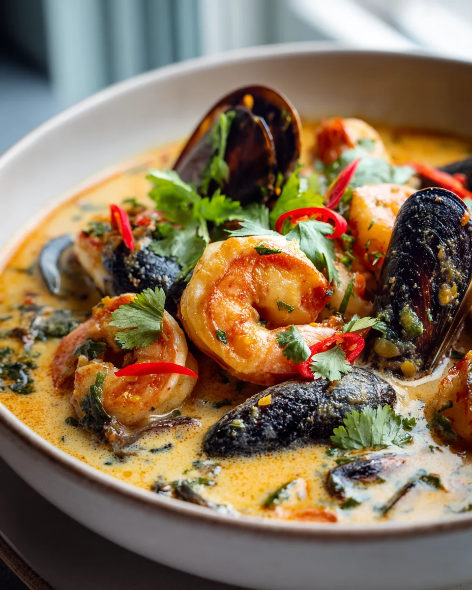 Bouillabaisse crémeuse de noix de coco avec crevettes et moules