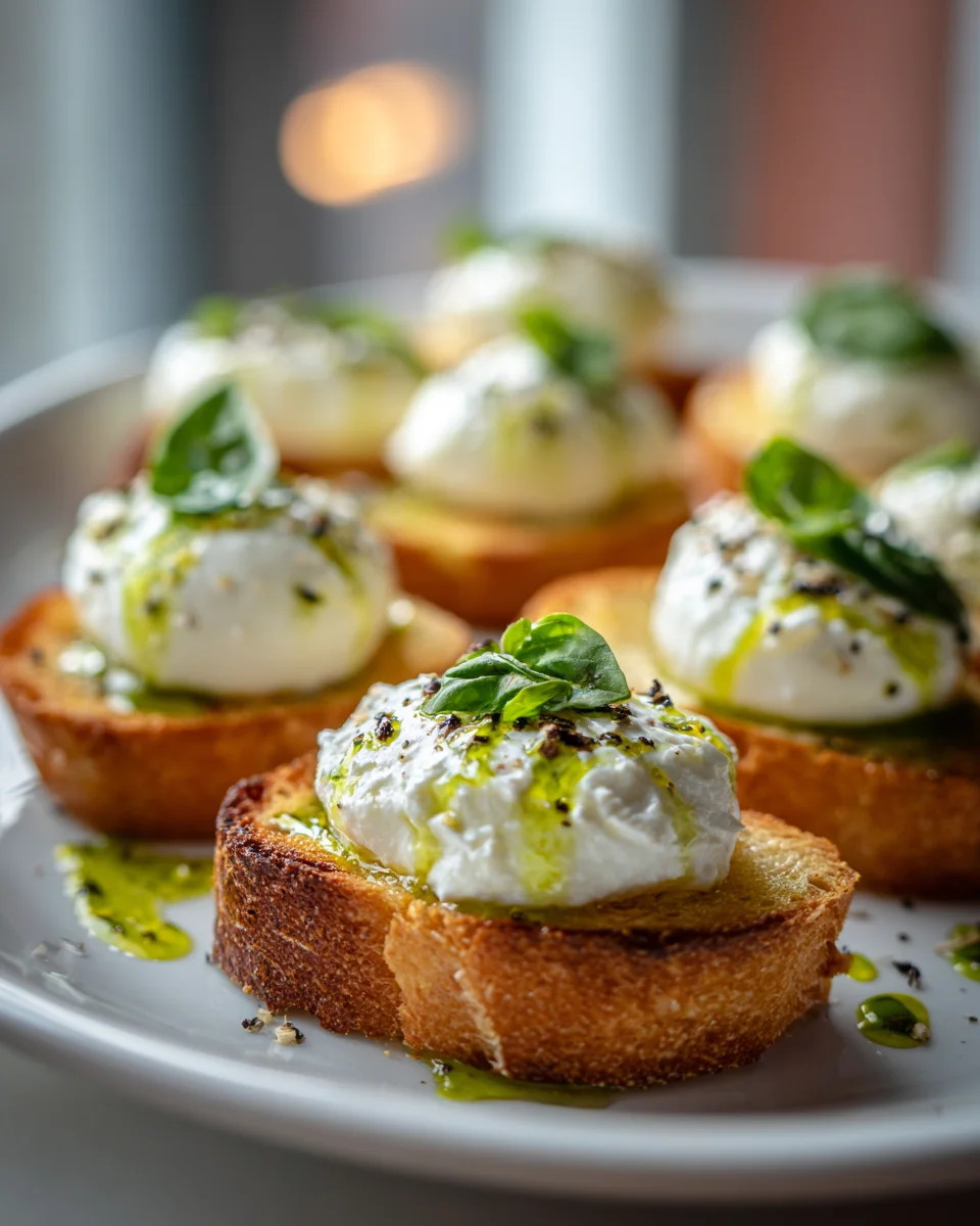Boulettes de Burrata sur Crostini avec Huile aux Herbes