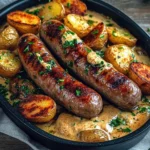 Saucisses Grillées à la Sauce Crémeuse et Pommes de Terre Rôties