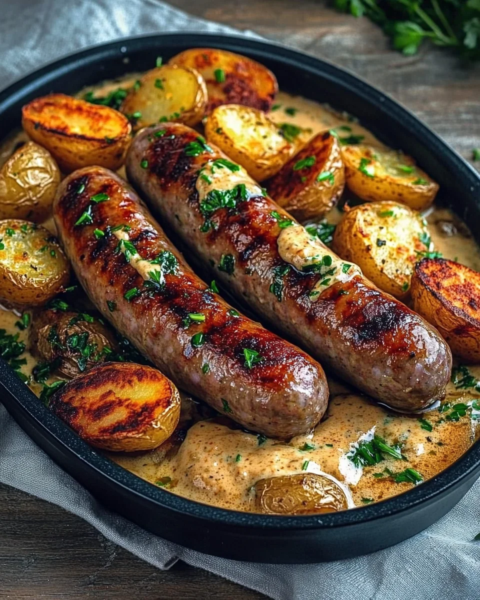 Saucisses Grillées à la Sauce Crémeuse et Pommes de Terre Rôties