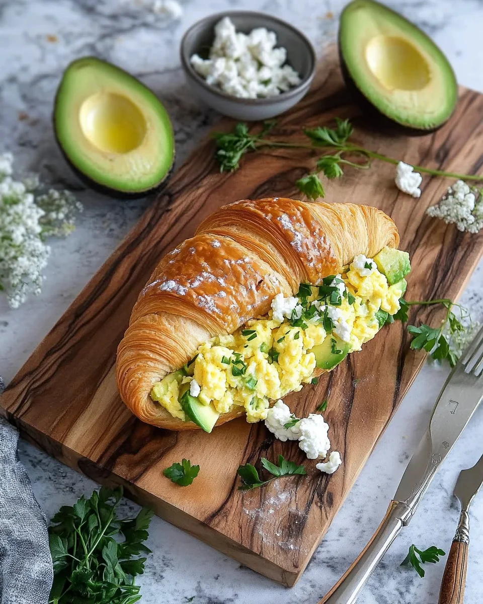 Croissants aux oeufs brouillés, chèvre et avocat