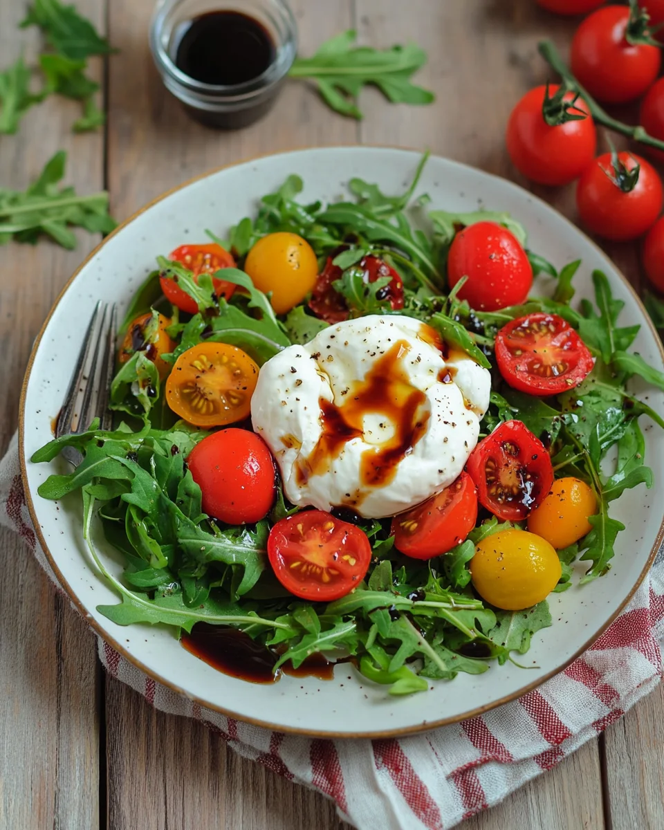 Salade avec burrata tomates cerises et roquette