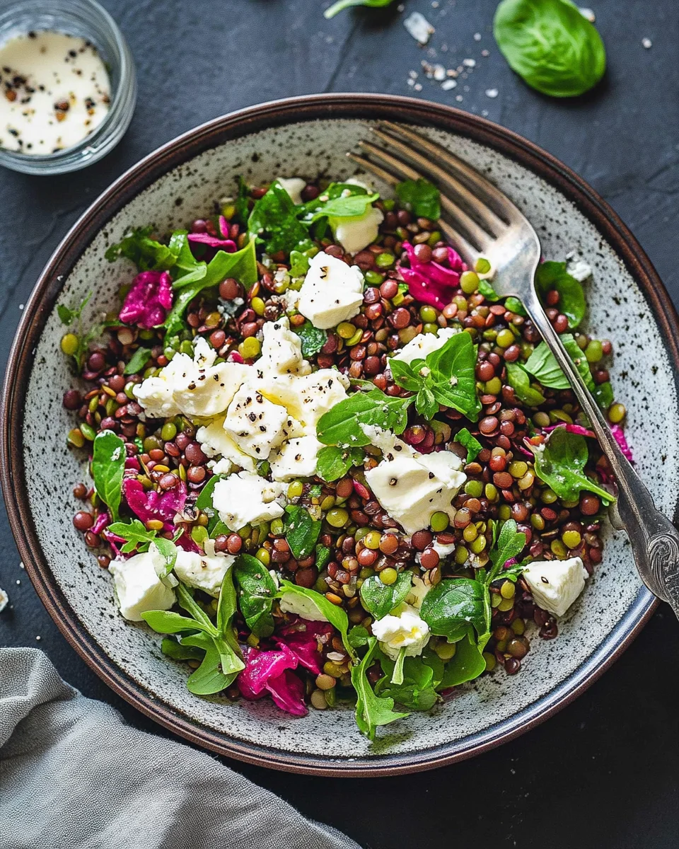 Salade de lentilles vertes, betteraves et chèvre frais