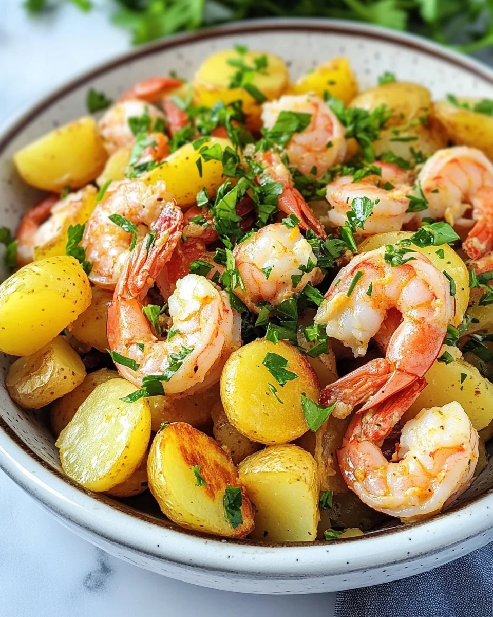 Salade de pommes de terre aux crevettes scampis