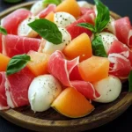 Salade melon, pastèque, mozzarella, jambon cru
