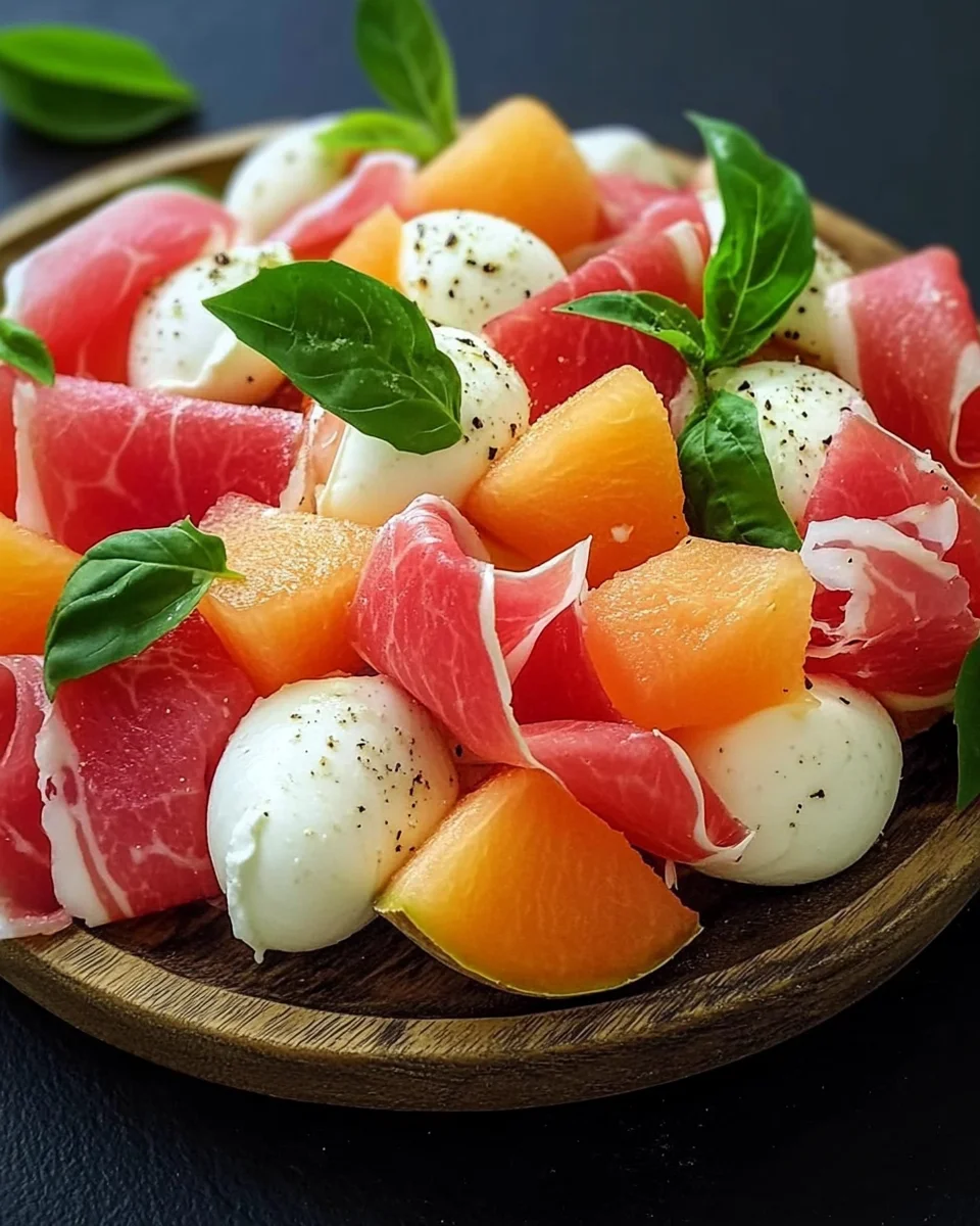 Salade melon, pastèque, mozzarella, jambon cru