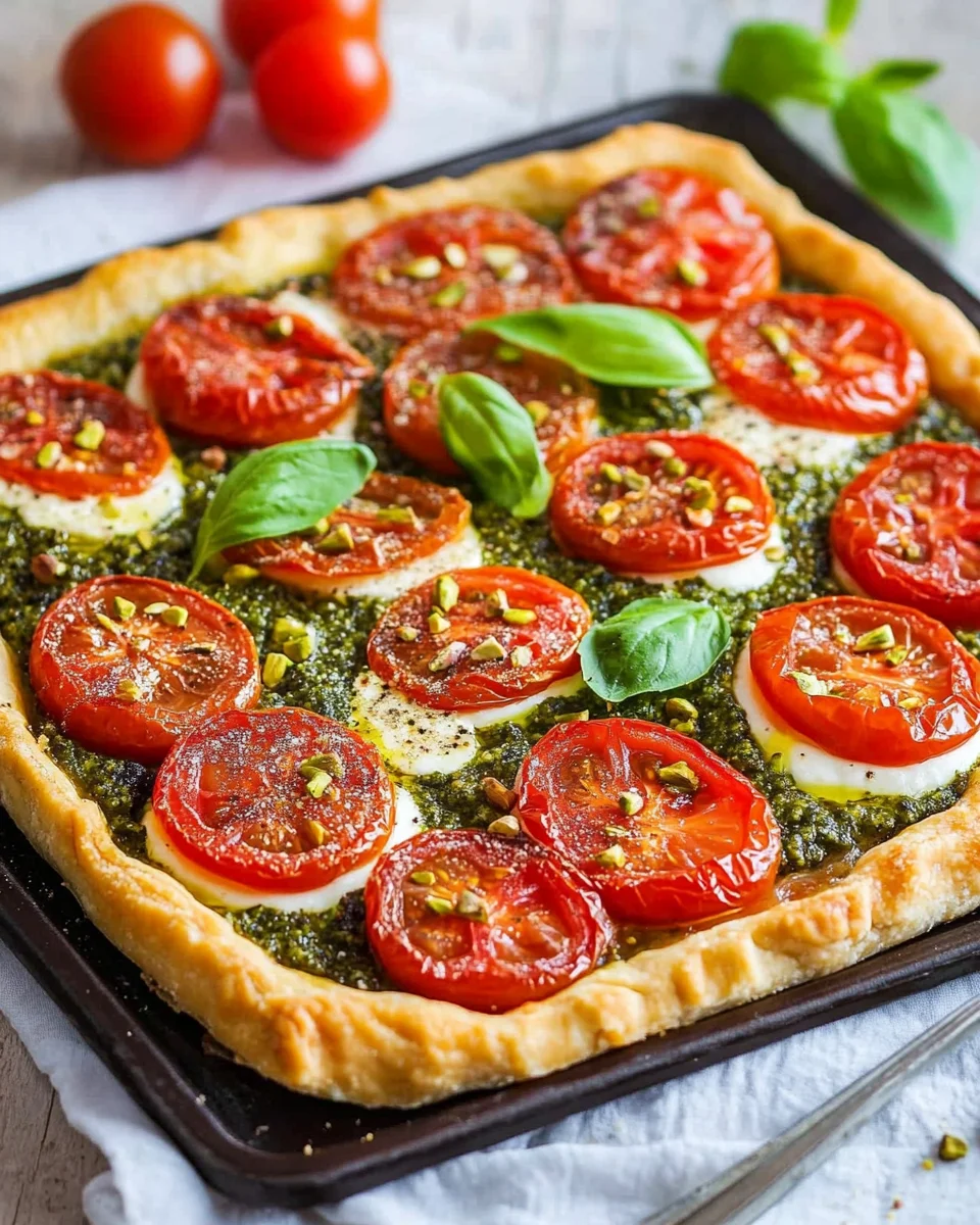 Tarte à la tomate, pesto de pistaches et mozzarella